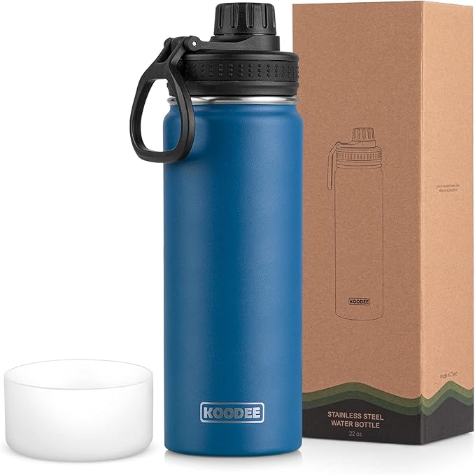 koodee Insulated Water Bottle, 22 oz Stainless Steel Double Wall Vacuum Wide Mouth Sport Bottle with Leakproof Spout Lid (Navy)