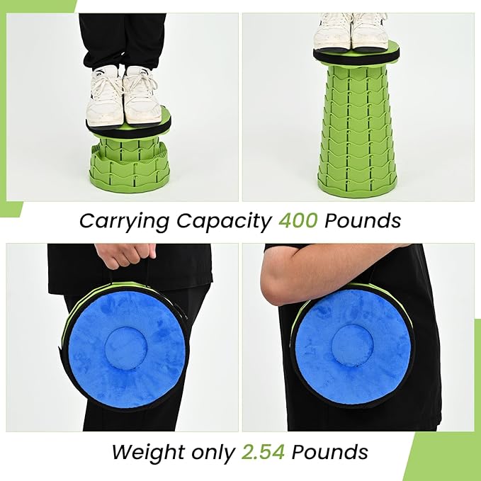 2 Pack Upgraded Collapsible Stool with Cushion, Thickened Retractable Folding Stool Max Load Capacity 400lbs, Portable Telescoping Stools for Camping Fishing Outdoor Hiking BBQ -Green