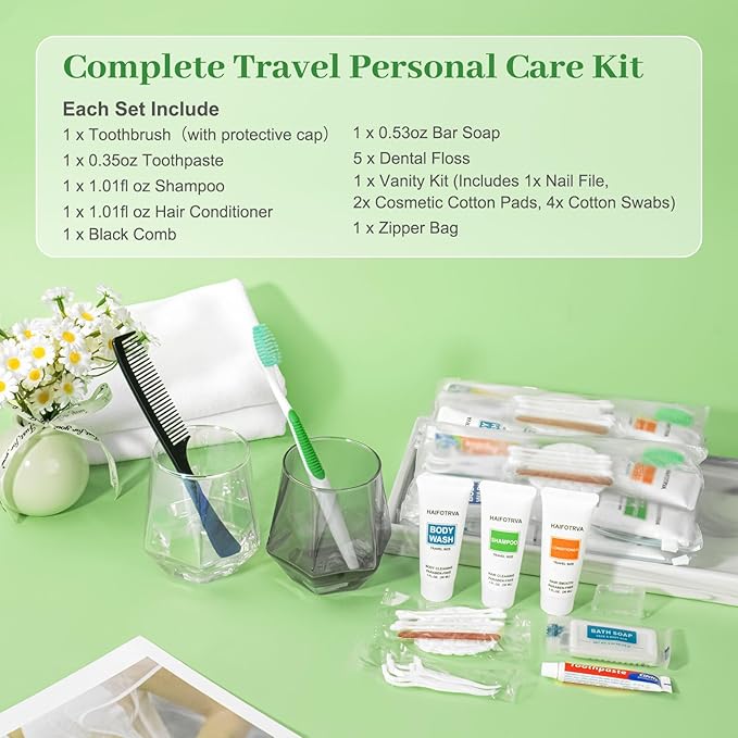 10 Sets Travel Toiletries Kit Bulk, 9-in-1 Disposable Personal Hygiene Kit with Toothbrush,Toothpaste,Floss,Shampoo,Shower Gel,Conditioner,Soap,Comb, and Vanity Kit for Hotel Guest Donations Supplies