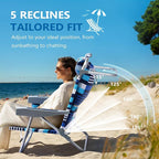 5-Position Aluminum Lay Flat Backpack Beach Chair, Compact Portable Low Beach Chairs for Adults with Cooler Pouch, Storage Pouch, Towel Bar, Cup Holder & Phone Holder, Blue Stripe