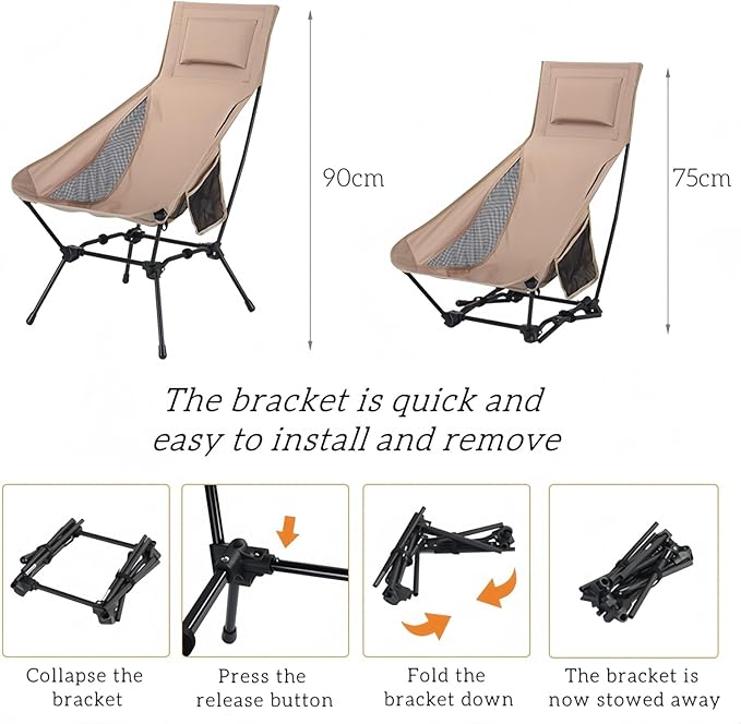 High Back Reclining Camping Chair - Oversized Folding Chair with Head Support, Widened Seat for Outdoor, Beach, Camp, Festivals (Khaki)