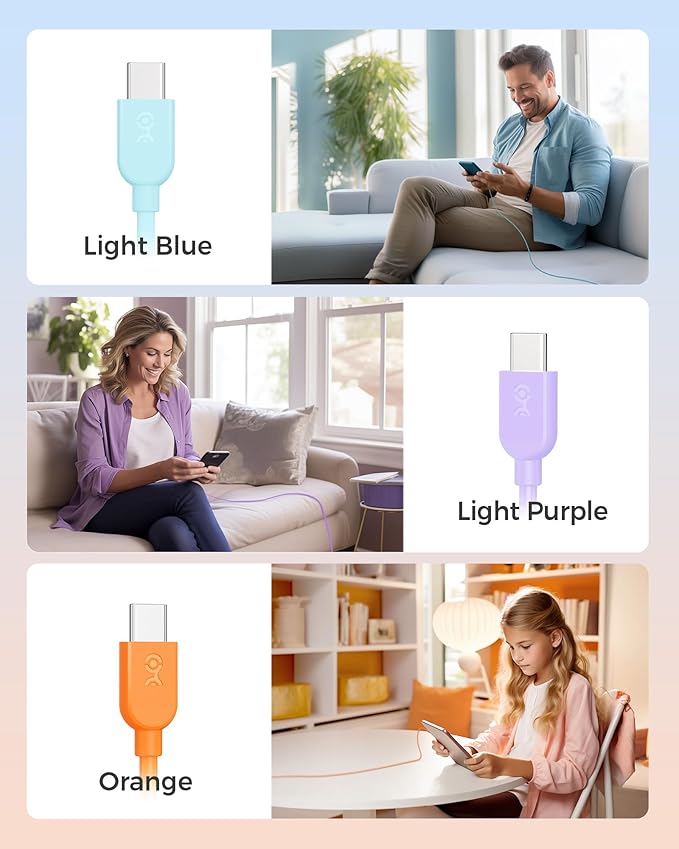 Cable Matters 3-Pack Short USB A to USB C Cable 1ft in Orange Blue Purple, Support Apple CarPlay, Android Auto, USBA to USBC Charging Cable for iPhone 16/15 Pro Max Plus, Galaxy S23