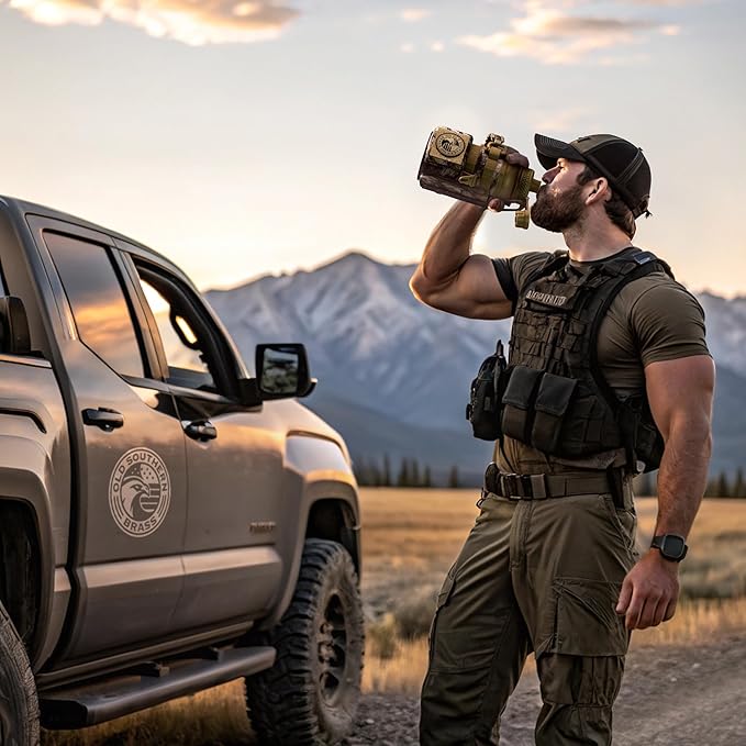 Combat Canteen - 32oz Insulated Water Bottle with Paracord Handle, Stainless Steel Water Jug with Rugged Pockets for Keys, Wallet & Phone - Woodland Camo