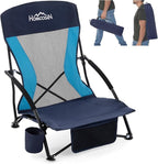 Homcosan Portable Low Folding Beach Chair - Lightweight Camping Chair for Adults with Cup Holder & Storage Pocket, Carry Bag Included (Navy & Blue)