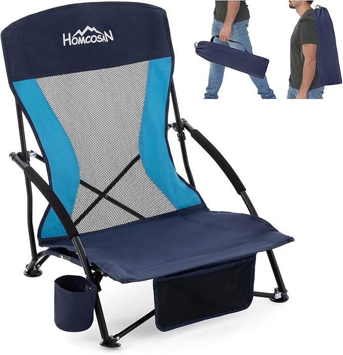 Homcosan Portable Low Folding Beach Chair - Lightweight Camping Chair for Adults with Cup Holder & Storage Pocket, Carry Bag Included (Navy & Blue)