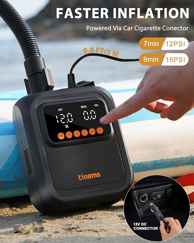20PSI High-Pressure Electric SUP Pump, 12V Car-Powered Auto Shut-Off Air Pump, Ultra-Lightweight for Paddle Boards, Kayaks & Inflatables (12V DC 20PSI)