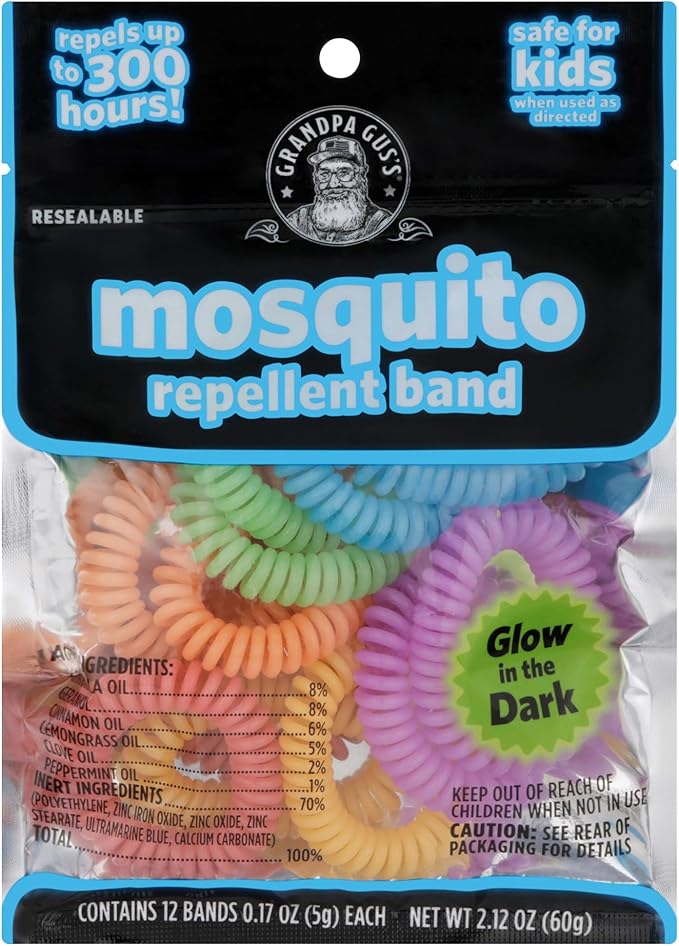 Grandpa Gus's Natural Mosquito Repellent Bracelets for Family, 300 Hours Protection, DEET-Free, Summer Outdoor Beach Camping Essentials, Glow in The Dark Assorted Colors, 24 Bands