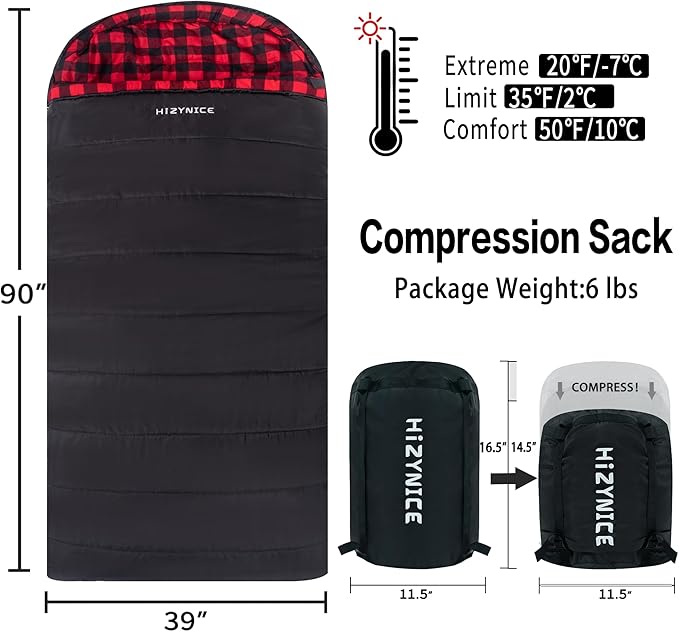 0 Degree Sleeping Bag 100% Cotton Flannel XXL for Adults Big and Tall Cold Weather Winter Zero Degree Camping,Free Compression Sack