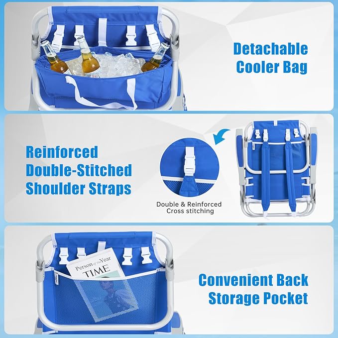 SUNNYFEEL Low Beach Chair 2 Pack, 5-Position Lay Flat Reclining, Backpack Portable Folding Chairs with Cooler Bag & Cup Holder, Heavy Duty 350 LBS, Compact for Beach, Camping, Travel