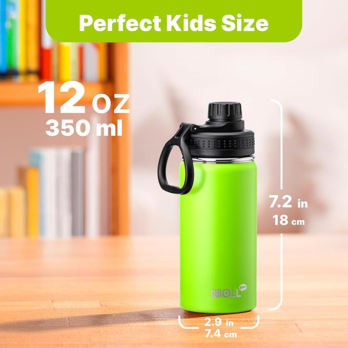 12 oz Water Bottle for Kids Stainless Steel Vacuum Insulated Wide Mouth Sports Water Bottle-Small Metal Water Flask for Girls Boys, BPA-Free(Apple Green)