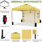 10'x10' Pop Up Canopy Tent with 1 Sidewall and 6 Pockets, One Push Setup, Instant Shade Tent with Vented Roof for Beach Patio Outdoor, Case, 8 Stakes, 4 Ropes, 4 Sandbags (Yellow, 10x10)