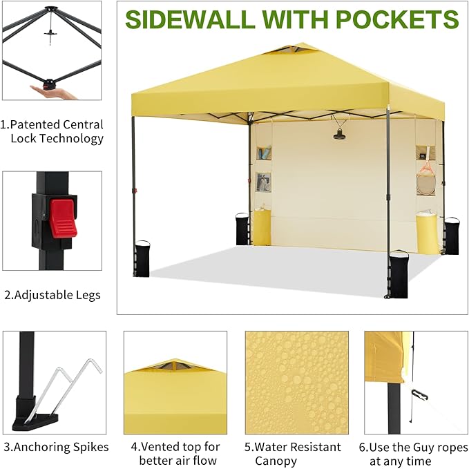 10'x10' Pop Up Canopy Tent with 1 Sidewall and 6 Pockets, One Push Setup, Instant Shade Tent with Vented Roof for Beach Patio Outdoor, Case, 8 Stakes, 4 Ropes, 4 Sandbags (Yellow, 10x10)