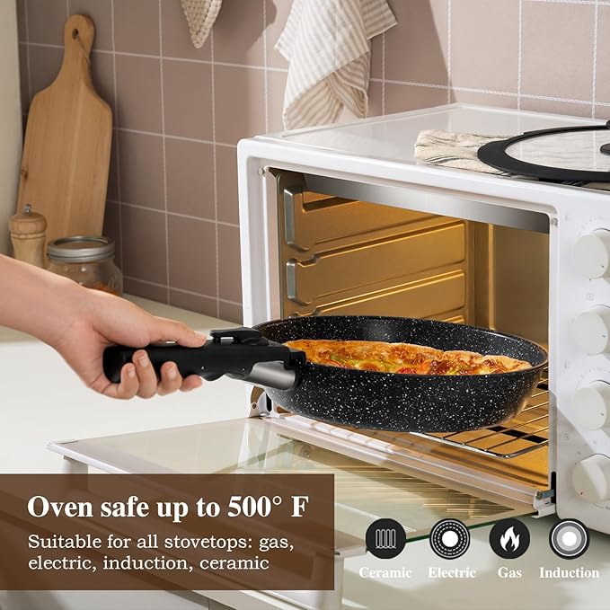 20 Pcs Pots and Pans Set Non Stick, Stackable Cookware Sets with Detachable Handle, Granite Induction RV Kitchen Portable Cooking Set Removable Handles, Dishwasher ＆ Oven Safe, Black