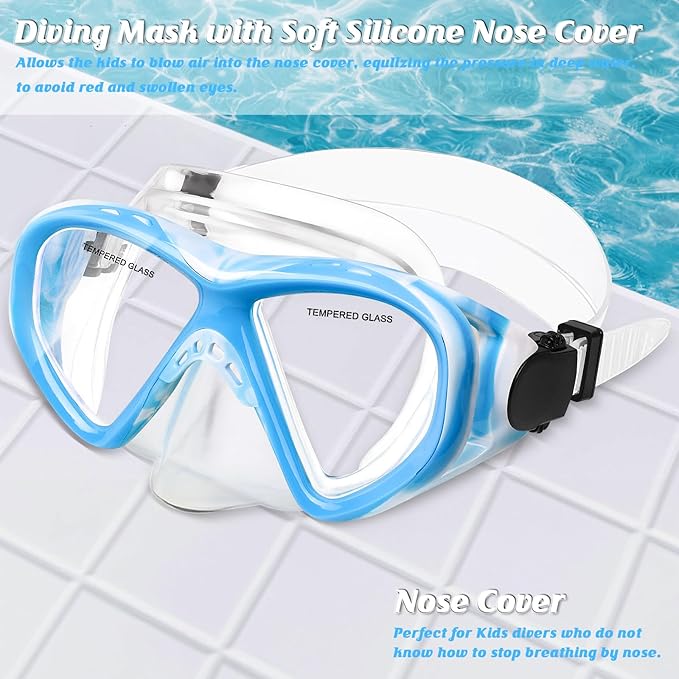 Kids Swim Goggles Snorkel Diving Mask for Boys Girls Ages 5-15, Two-Color Anti-Fog Swimming Goggles with Nose Cover