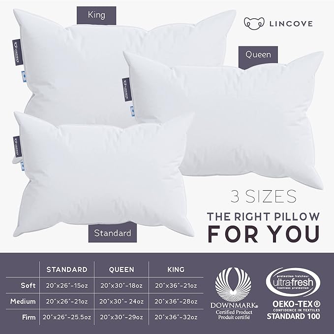 Lincove Cloud Natural Canadian Down and Waterfowl Feather Pillow, White Luxury Sleeping Pillow - 625 Fill Power, 500 Thread Count Cotton Shell, Made in Canada, Standard - Soft, 1 Pack