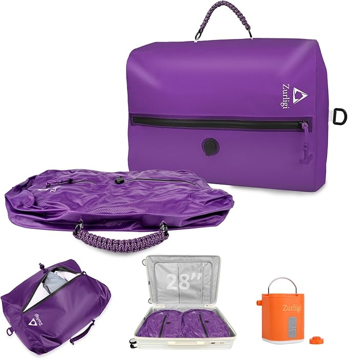 Zurligi Vacuum Compression Bags with Pump for Travel - Waterproof, Reusable, Removable Handle, Portable Travel Pack Vacuum Bag Kit for Carry On Suitcases and Backpack