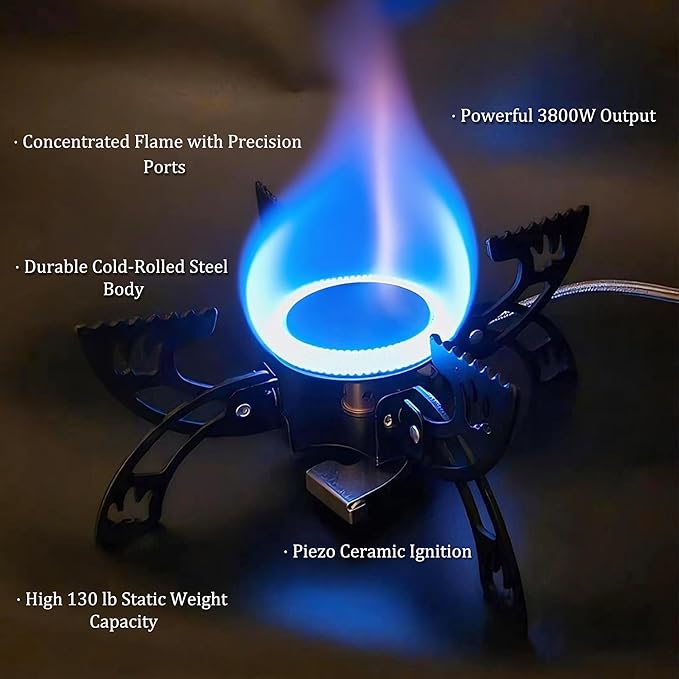 Foldable Camping Stove, Portable Windproof Gas Stove with 3 Gas Canister Converters - Compact Outdoor Cooker for Hiking Backpacking, Includes EVA Carrying Case, Wind Shield & Pot Support (Black)