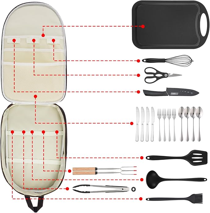 Camp Kitchen Organizer, Multi-Pocket Camping Cooking Utensils Bag, Waterproof Portable Storage for BBQ Outdoor Cooking Essentials