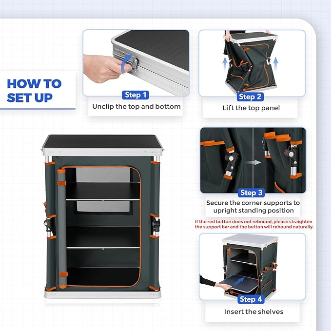 EAGLE PEAK Outdoor Folding Camping Table with Large 3-Tier Storage Organizer and Side Pockets, Easy Set Up Portable Aluminum Camping Kitchen, Gray