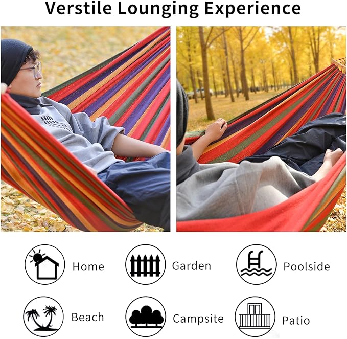 Hammock, Cotton Canvas Hammock Portable Camping Hammock with Carrying Bag Two Anti Roll Balance Beam Metal Carabiner Ropes and Tree StrapsSuit for Indoor,Yard,Camping,Outdoor-Rainbow