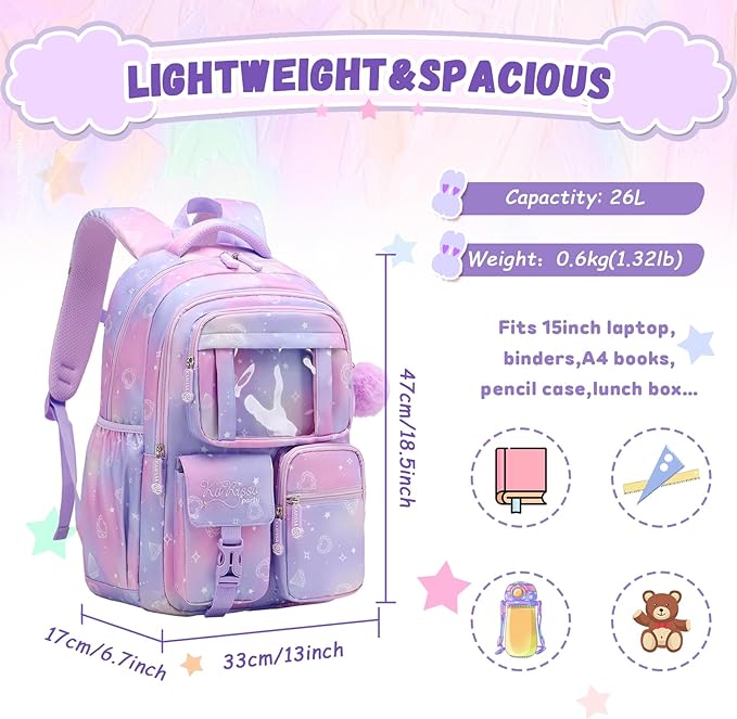 PIG PIG GIRL Kids Backpack for Girls - School Bags for Middle School Students - Book Bag for Elementary Primary - Kawaii Ita Backpack - Purple