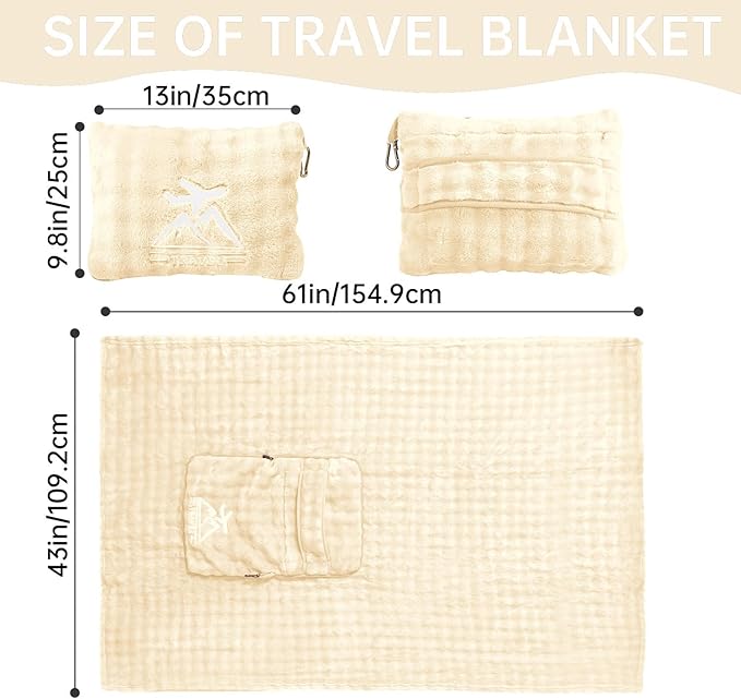 Travel Blanket and Pillow-2-in-1, Ultra-Soft&Compact, One-Piece Airplane Blanket with Hand Luggage Belt and Backpack Clip,Travelers Accessories Gifts, 61x43 Inches(White)