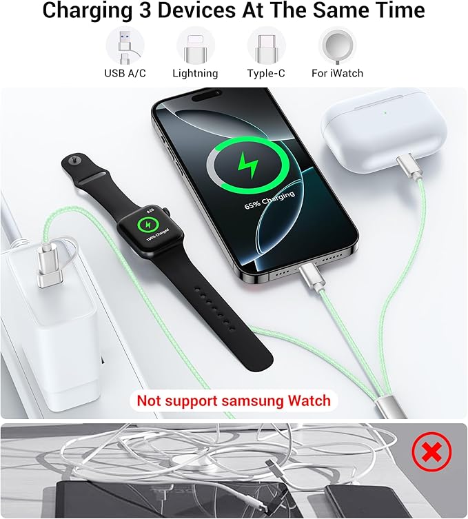 Temdan for Travel Vacation Essentials,3 in 2 USB C Cable for Apple Watch Charger/iPhone 17 Charger/Lightning,Multi Charging Cable Cord,Camping Essentials,Designed for iWatch &iPhone 16-12-4FT Green