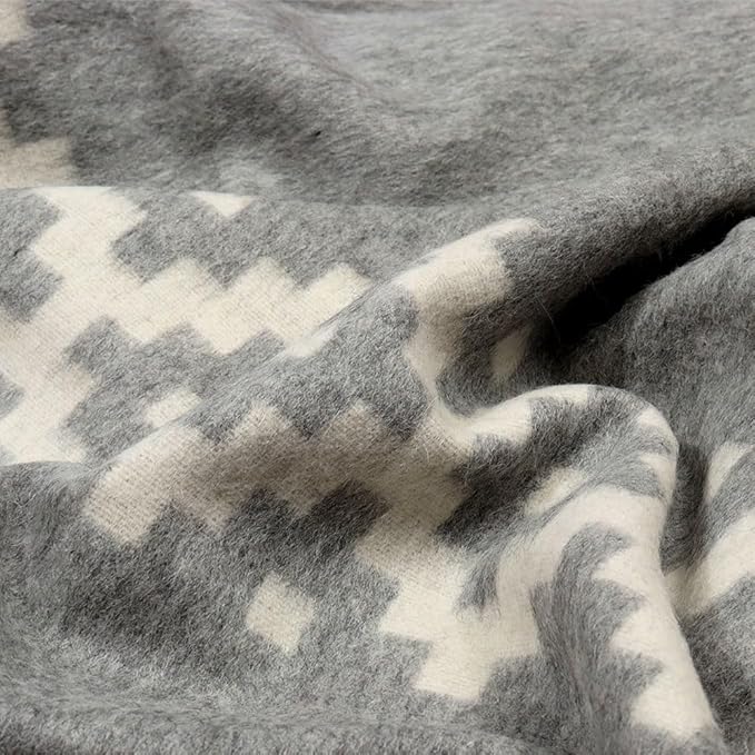 Thick Alpaca Wool Blanket Heavyweight Camping Outdoors Indoors Soft Peru Queen Size Ethnic Design (Soft Gray/Ivory 2, Queen Size)