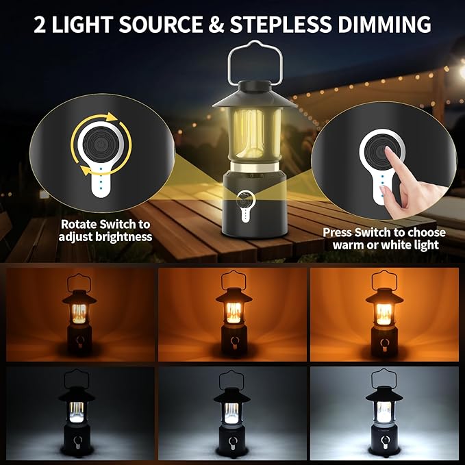 Retro Classic LED Camping Lantern, Rechargeable Stepless Dimming Vintage Lantern, 3 Light Modes (2000K-6500K), 8000mAh Power Bank, Bright Hanging Tent Light for Indoor & Outdoor, Hiking, Camp