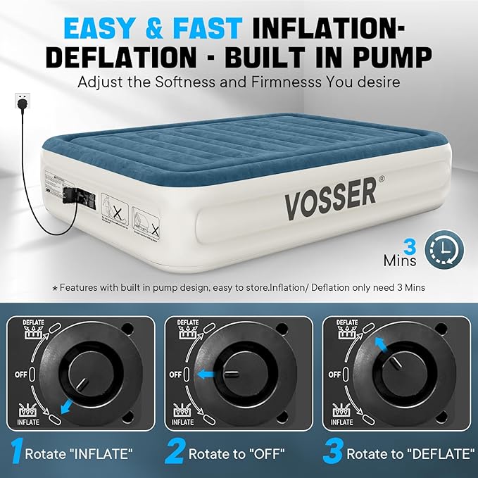 Queen Air Mattress with Built-in Pump,18''Fast & Easy Inflation/Deflation Inflatable Mattress, Foldable Blow Up Mattress with Storage Bag, Inflatable Bed for Home, Camping & Guests