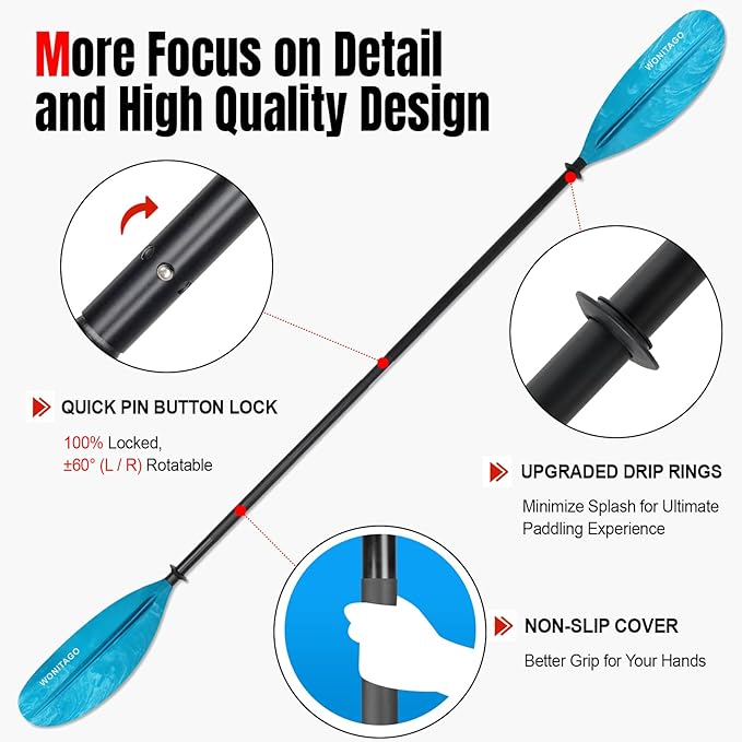 Kayak Paddles with Alloy Shaft and PP Blade, Floating Kayaking Oars, Adjustable 230-250 cm/90-98 Inches, 210-230 cm/82-90 Inches