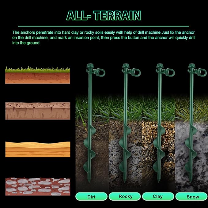 Zhengmy 12 Pcs Ground Anchors Screw in, 12 Inch Heavy Duty Tent Stakes with Trampoline Anchor Hook Ground Stakes for Camping Tent Canopies Ports Sheds Swing Sets Securing Animals (Green)