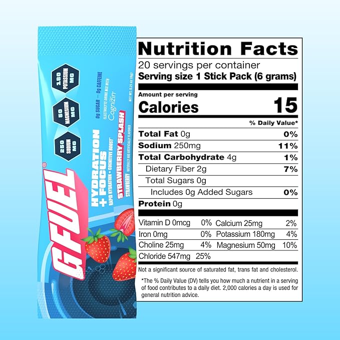 G Fuel Electrolytes Powder for Instant Hydration and Focus | Sugar Free, Strawberry Flavor, Electrolyte and Nootropic Drink Mix to Sharpen Mental Focus, 20 Servings