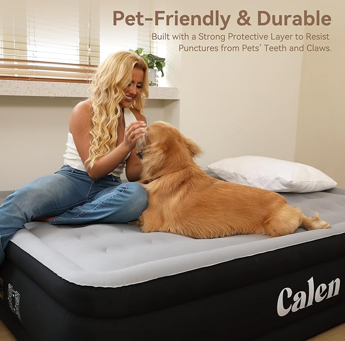 Calen Armor Tech Queen Air Mattress with Built in Pump,18”Luxury Inflatable Mattress with Six Side Protective layer Topper for Camping,Home, Fast Inflation/Deflation Airbed Waterproof Blow up Mattress