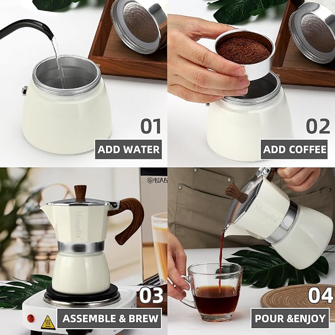 Mongdio Stovetop Espresso Maker Moka Pot, Cuban Coffee Maker Stove top coffee maker Moka Italian Espresso Greca Coffee Maker Brewer Percolator, 3 Espresso Cups, 5 oz - White