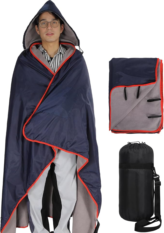 REDCAMP Large Waterproof Stadium Blanket with Hood for Cold Weather, Soft Warm Fleece Camping Blanket Windproof for Outdoor Sports, Dark Blue/Grey