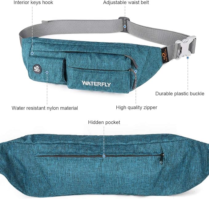 WATERFLY Fanny Pack for Women Men Water Resistant Small Waist Pouch Slim Belt Bag with 4 Pockets Lightweight Crossbody Chest Bag Fit All Phones, 11.02 x 2.1 x 4.3 inch,11.02 x 2.1 x 4.3 inch