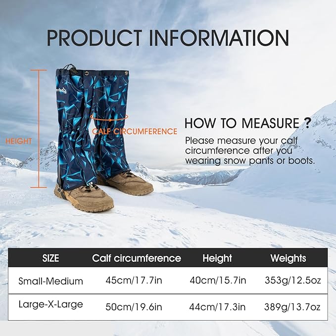 Waterproof Adjustable Leg Gaiters for Men and Women Snow Boot Gaiters for Hiking in Hunting Sand and Mud Mountain Climbing or Snowshoeing