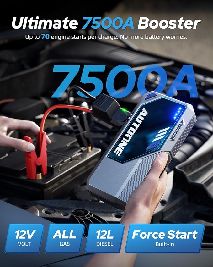 AUTOONE M4 Jump Starter 7500A Car Battery Jumper Starter Portable, 12V Jump Pack (All Gas/12L Diesel) Jump Box for Car Battery with Built-in Booster, Storage Case, LED Light, Jumper Cables