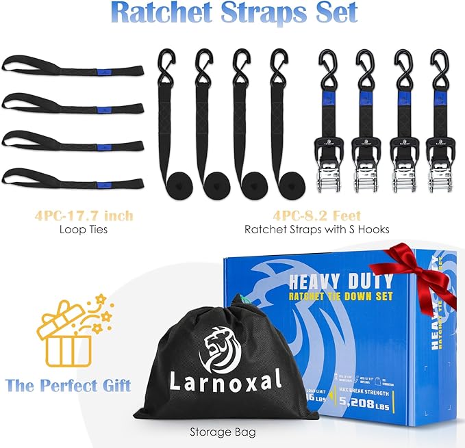 Ratchet Straps, 1.5 inch x 8.2 ft(4 Pack) Heavy Duty Tie Down Straps, Ratchet Tie Down Straps with Soft Loops-5,208 lbs (Black)