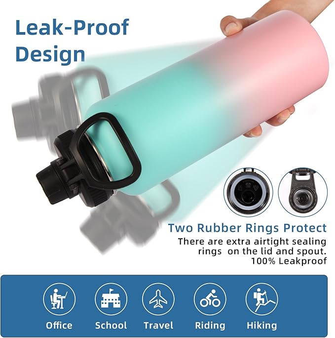 Volhoply Insulated Water Bottles Bulk 4 Pack, 40 oz Stainless Steel Double Walled Vacuum Travel Water Cups with Wide Mouth, Reusable Large Water jug with Paracord for Hiking(Green Pink,4 Set)