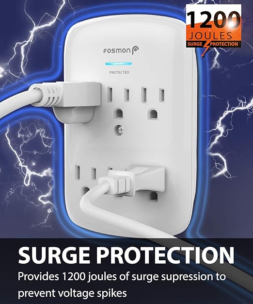 Fosmon 6 Outlet Wall Mount Surge Protector, 3-Prong Surge Suppression 1200 Joules, 15A 125VAC 60Hz 1875Watts Wall Outlet Adapter, Grounded LED, ETL Listed - White