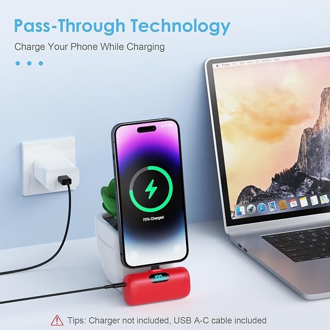 Small Portable Charger for iPhone,5000mAh PD Fast Charging Power Bank, Mini Plug-in Battery Pack Backup Charger Compatible with iPhone 14/14 Pro Max/13/13 Pro/12 Pro/11/XS/XR/X/8/7/6 etc- Dark Red