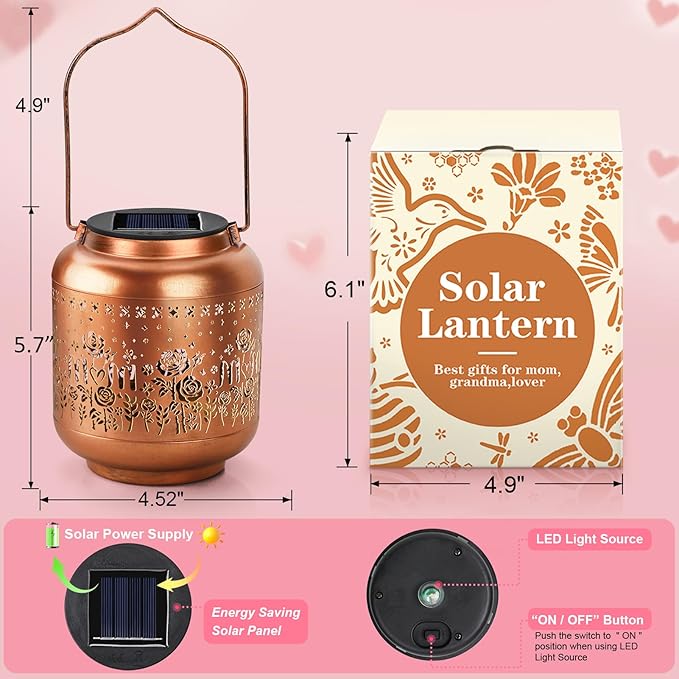 Birthday Gifts for Women Mom Grandma Solar Lantern Outdoor Waterproof, Gardening Gifts for Women, Rose Flowers Garden Decor Hanging Solar Lights Yard Decorations Outdoor, Backyard, Patio, Porch