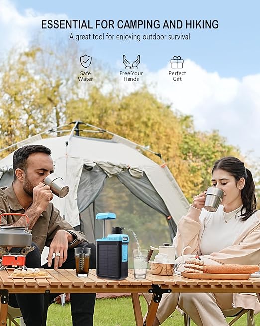 3-in-1 Solar Electric Water Filter with Hand Pump - Camping Water Filtration System Survival, Portable Water Purifier with Emergency Light, Survival Kit for Backpacking, Birthday Gifts for Men