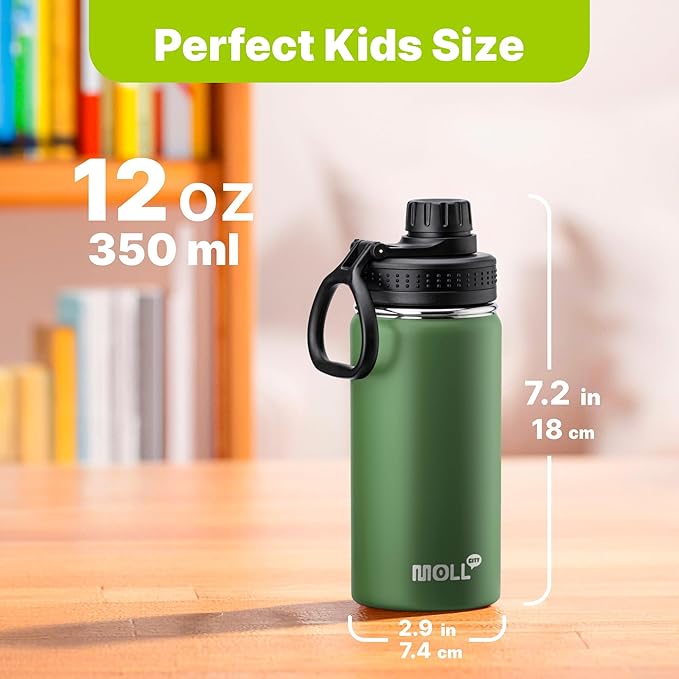 12 oz Water Bottle for Kids School-Reuasble Stainless Steel Vacuum Insulated Wide Mouth Water Bottle for Travle Sports (Grass Green)