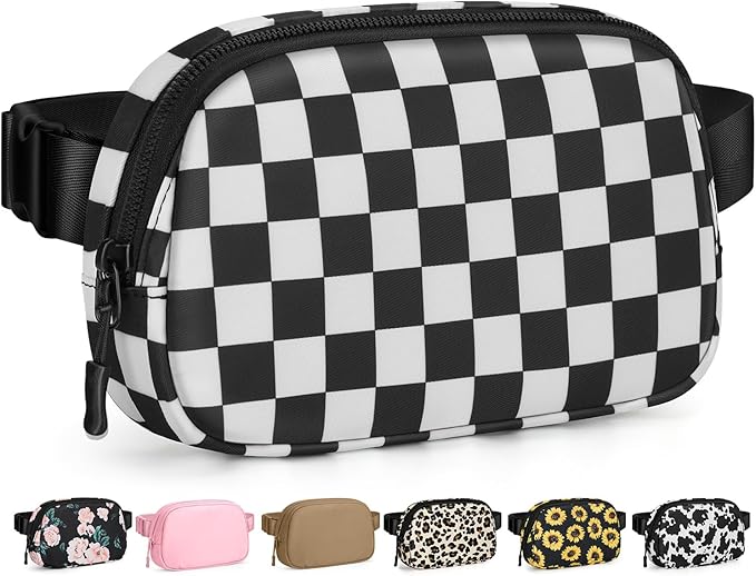 Pritent Fanny Packs for Women Cross Body Bag Waterproof Belt Bag with Adjustable Strap and Zipper Back Pocket Small Crossbody Bags Fashion Waist Packs for Workout Travelling(Checkered Black)