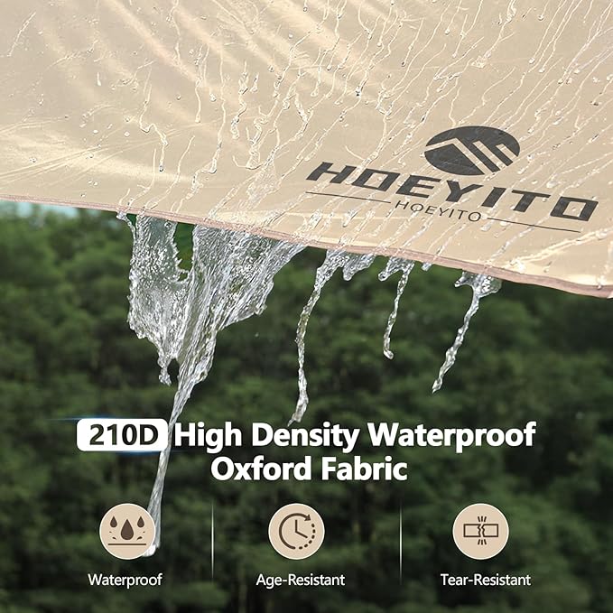 Camping Tarp with Poles & Retainer,15x12.5FT Large Waterproof 210D Oxford Cloth Camping Canopy, Anti-UV UPF100+ Tent Tarp Car Awning for Outdoor, Picnic, Hammock, Car, Backpacking (Khaki)