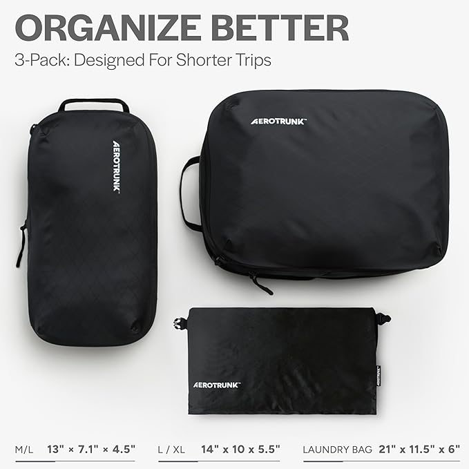 Ultralight Compression Packing Cubes - Lightweight Travel Organizers for Suitcases and Luggage (3-Pack, Black)