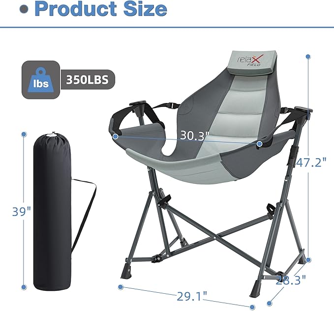 Hammock Camping Chair, 3 Heights Swinging Chair with Adjustable Backrest, Folding Rocking Chair with Head Pillow&Cup Holder, Outdoor Chair for Camping and Hiking, Supports 350lbs, Grey